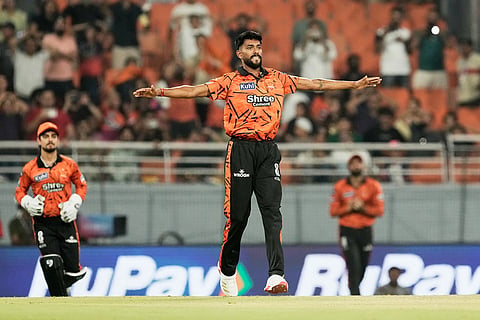 Sunrisers Hyderabad's Praful Hinge celebrates the wicket of Rajasthan Royals' Vaibhav Sooryavanshi during the Indian Premier League cricket match between Rajasthan Royals and Sunrisers Hyderabad in New Chandigarh, India.