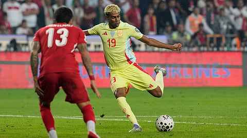 Spain’s Lamine Yamal attempts a shot on goal during a World Cup qualifying round Group E soccer match between Turkey and Spain at Konya Buyuksehir stadium, in Konya, Turkey, Sunday, Sept. 7, 2025.