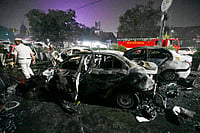 HT : Vehicles destroyed in a blast near the Red Fort Metro Station Gate No. 1. on November 10, 2025 in New Delhi