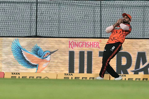 Sunrisers Hyderabad's Nitish Kumar Reddy takes the catch to dismiss Rajasthan Royals' Dhruv Jurel during the Indian Premier League cricket match between Rajasthan Royals and Sunrisers Hyderabad in New Chandigarh, India.