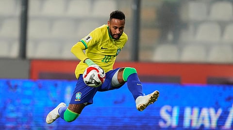 Brazil’s Neymar controls the ball during a World Cup qualifying soccer match against Peru at National stadium in Lima, Peru, Tuesday, Sept. 12, 2023. 