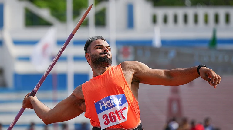 Double paralympic gold medallist Sumit Antil competes in the men's F64 javelin throw event during the 8th Indian Open Para Athletics International Championship 2026, in Bengaluru. - PTI/Shailendra Bhojak
