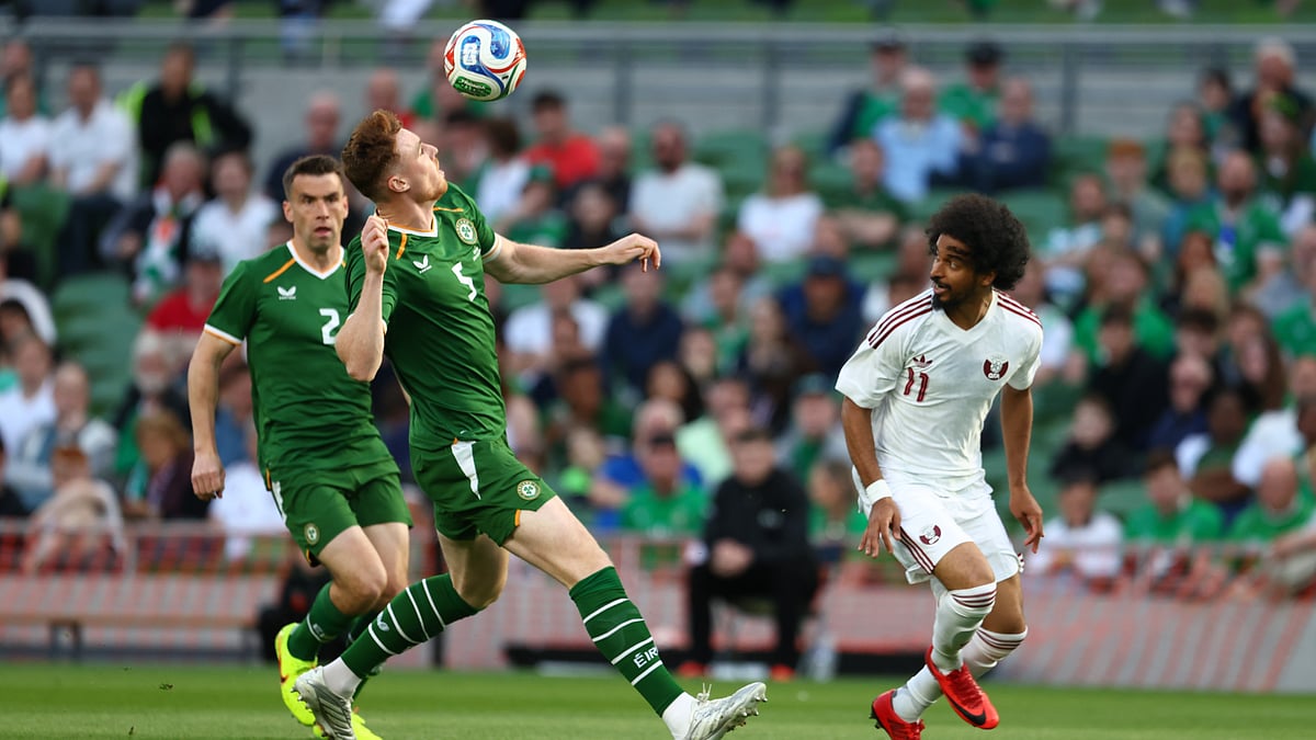 Ireland's Jake O'Brien controls the ball during the international friendly soccer match between Ireland and Qatar in Dublin, Ireland, Thursday, May. - Peter Morrison/AP