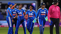 AP Photo : India players celebrate the wicket of England's Dani Gibson during the first Vitality IT20 cricket match, Thursday May 28, in Chelmsford.