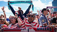 (AP Photo/Eduardo Munoz Alvarez) : Fans celebrate during the announcement of the United States men's national soccer team roster, Tuesday, May 26, 2026, in New York, ahead of the FIFA World Cup soccer tournament