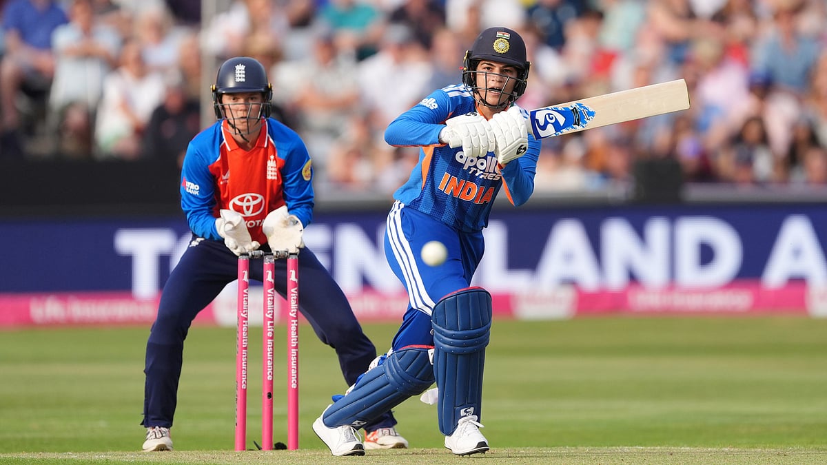 India's Yastika Bhatia, right, batting during the first Vitality IT20 cricket match between England and India in Chelmsford, England. - AP Photo