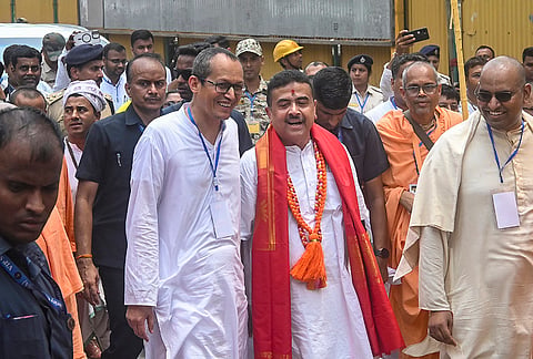 West Bengal Chief Minister Suvendu Adhikari during his visit to the ISKCON temple at Mayapur, in Nadia district.