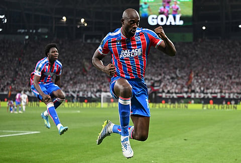 Crystal Palace's Jean-Philippe Mateta celebrates after scoring during the Europa Conference League final soccer match between Crystal Palace and Rayo Vallecano in Leipzig, Germany.