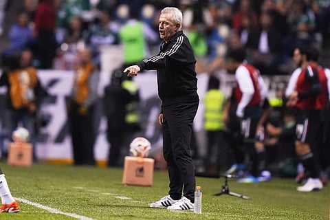 Mexico's coach Javier Aguirre gestures during an international friendly soccer match against Ghana in Puebla, Mexico.