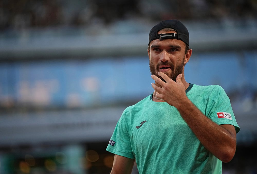 Tomas Machac of the Czech Republic reacts as he plays against Alexander Zverev of Germany during their second round mens singles tennis match at the French Open tennis tournament in Paris.