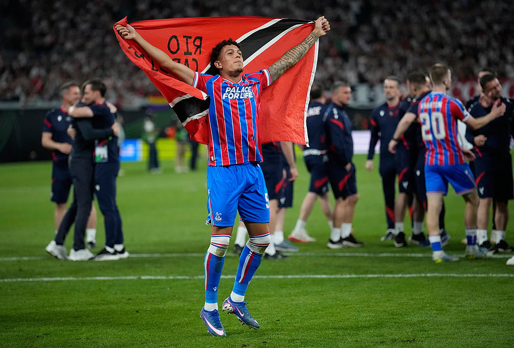 Crystal Palaces Maxence Lacroix celebrates after the Europa Conference League final soccer match between Crystal Palace and Rayo Vallecano in Leipzig, Germany.