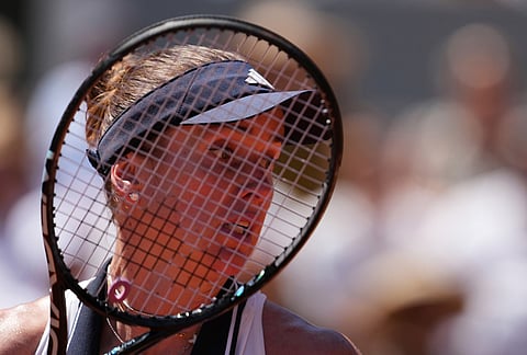 Elina Svitolina of Ukraine returns to Kaitlin Quevedo of Spain during their second round women's singles tennis match at the French Open tennis tournament in Paris.