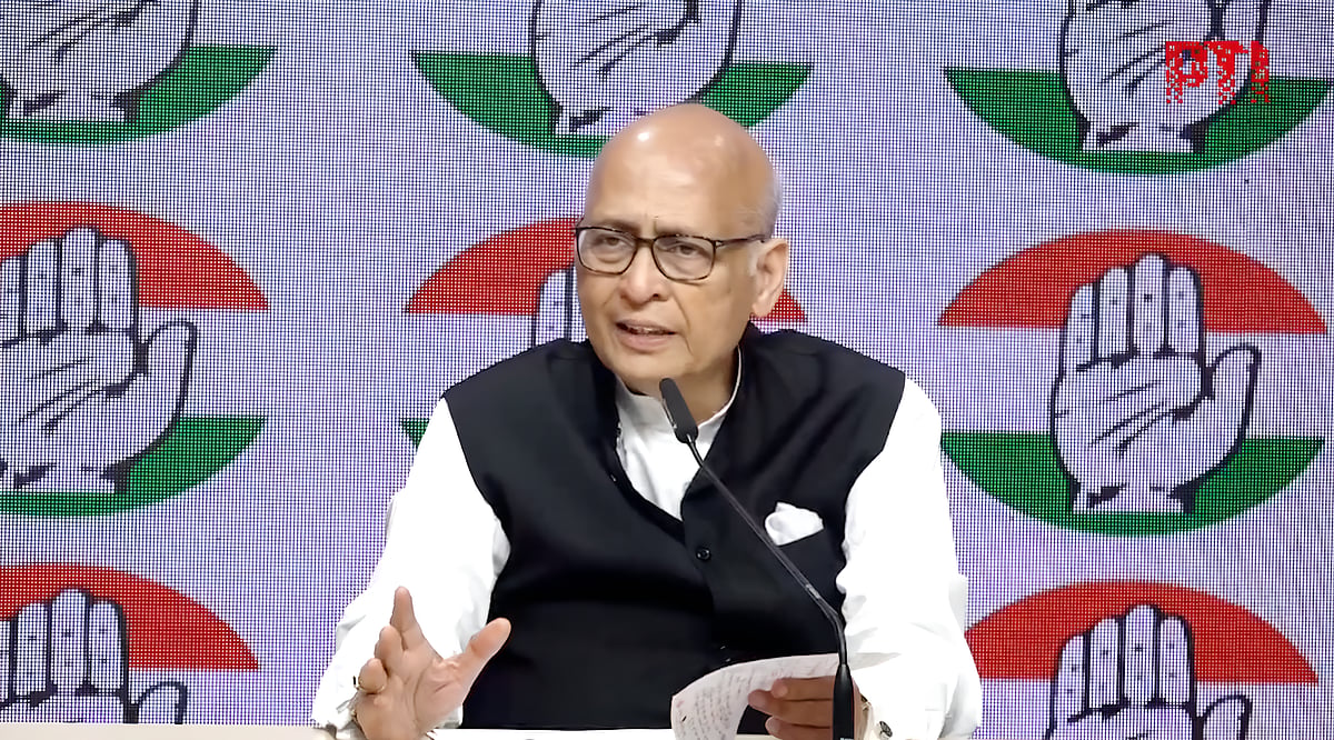 Congress leader Dr Abhishek Manu Singhvi's address from the Congress party headquarters -  video screen grab from X/PTI