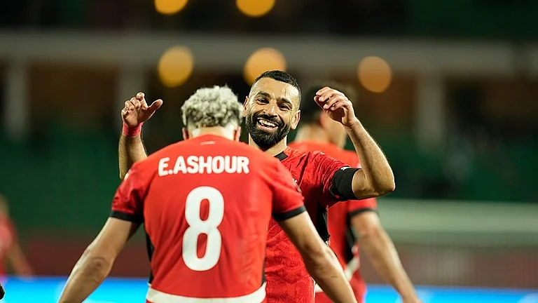 Egypt's Mohamed Salah celebrates after scoring his side's third goal during the Africa Cup of Nations round of 16 soccer match between Egypt and Benin in Agadir, Morocco. - | Photo: AP/Mosa'ab Elshamy