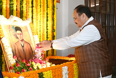 Union Minister JP Nadda pays tribute to Vinayak Damodar Savarkar on his birth anniversary at the Parliament House, in New Delhi. 