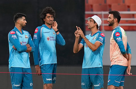 Gujarat Titans's coach Ashish Nehra, Sai Kishore, Prasidh Krishna, during practice session ahead of the Indian Premier League (IPL) 2026 T20 second qualifier cricket match between Gujarat Titans and Rajasthan Royals, in Mullanpur