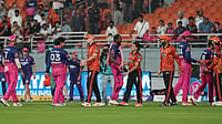 | Photo: PTI/Arun Sharma : Rajasthan Royals' players are congratulated by Sunrisers Hyderabad's players after winning the Indian Premier League (IPL) 2026 Eliminator T20 cricket match, in New Chandigarh.