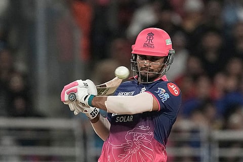Rajasthan Royals' Dasun Shanaka plays a shot during the Indian Premier League cricket match between Gujarat Titans and Rajasthan Royals in New Chandigarh, India.
