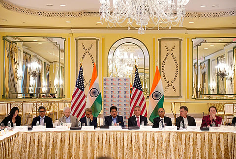 Union Commerce and Industry Minister Piyush Goyal addresses a gathering of business and industry leaders during a roundtable hosted by the Consulate General of India in collaboration with US-India Strategic Partnership Forum, in New York.