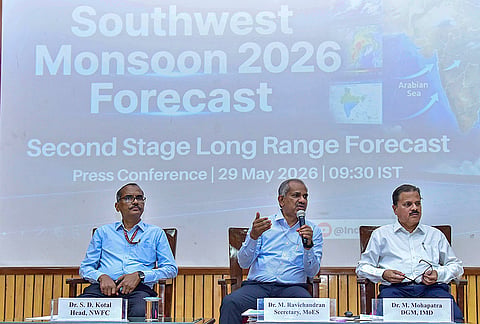 Ministry of Earth Sciences Secretary Dr M Ravichandran, centre, addresses a press conference on the Second Stage Long Range Forecast for Southwest Monsoon 2026, in New Delhi. 