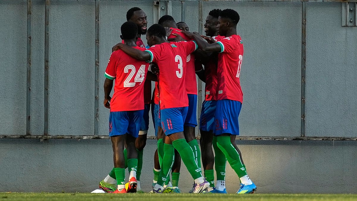 Gambia's players celebrate after teammate Omar Colley scored the opening goal during a friendly soccer match between Iran and Gambia, in Antalya, southern Turkey. - AP Photo