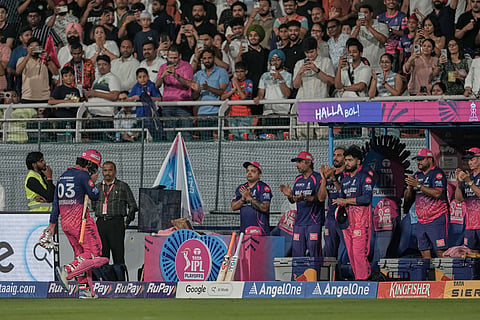 Rajasthan Royals' Vaibhav Sooryavanshi leaves the ground after losing his wicket during the Indian Premier League cricket match between Gujarat Titans and Rajasthan Royals in New Chandigarh, India.
