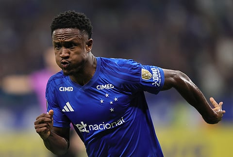 Luis Sinisterra of Brazil's Cruzeiro celebrates after scoring his side's third goal against Ecuador's Barcelona during a Copa Libertadores Group D soccer match in Belo Horizonte, Brazil.