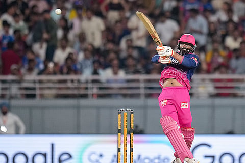 Rajasthan Royals' Ravndra Jadeja plays a shot during the Indian Premier League (IPL) 2026 Qualifier 2 T20 cricket match between Gujarat Titans and Rajasthan Royals, in New Chandigarh.