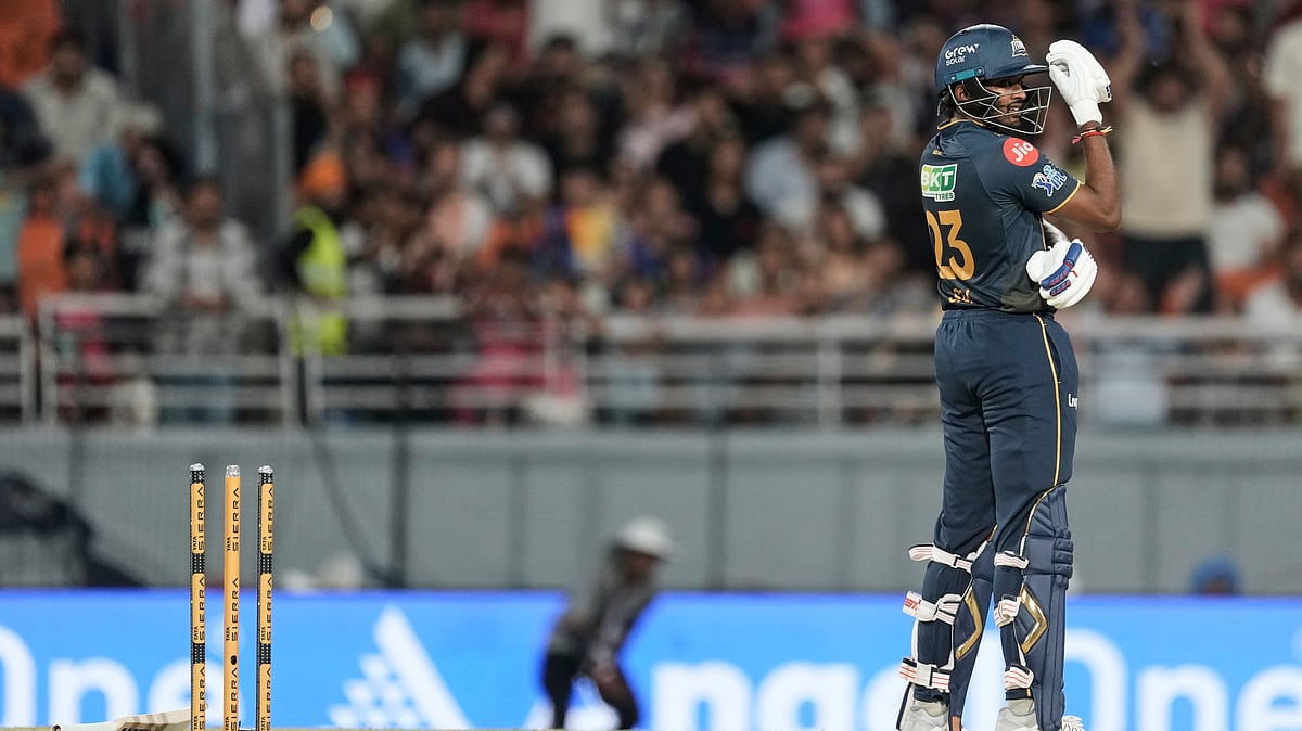 Gujarat Titans' Sai Sudharsan reacts after losing his wicket by dropping his bat on to his wickets during the Indian Premier League cricket match between Gujarat Titans and Rajasthan Royals in New Chandigarh. - AP Photo
