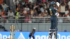 Gujarat Titans' Sai Sudharsan reacts after losing his wicket by dropping his bat on to his wickets during the Indian Premier League cricket match between Gujarat Titans and Rajasthan Royals in New Chandigarh. - AP Photo