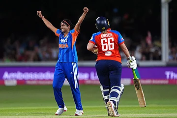 | Photo: Ben Whitley/PA via AP : India's Nandani Sharma celerbates the wicket of England's Dani Gibson during the first Vitality IT20 cricket match in Chelmsford, England.