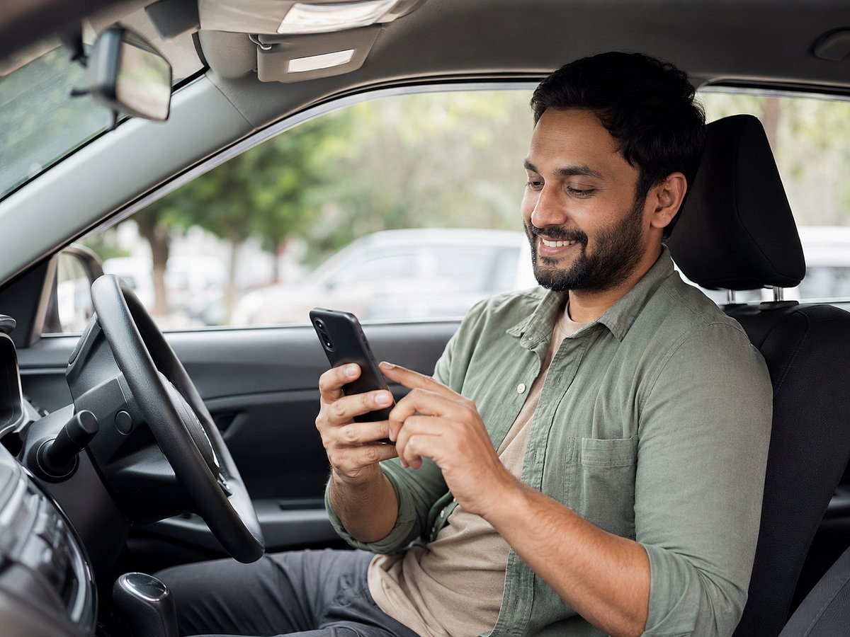 A man sitting in a car using his  phone