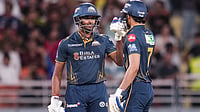 PTI Photo/Arun Sharma : New Chandigarh: Gujarat Titans' captain Shubman Gill, right, and Sai Sudharsan greet each other between the wickets during the Indian Premier League (IPL) 2026 Qualifier 2 T20 cricket match between Gujarat Titans and Rajasthan Royals, in New Chandigarh, Friday, May 29, 2026.