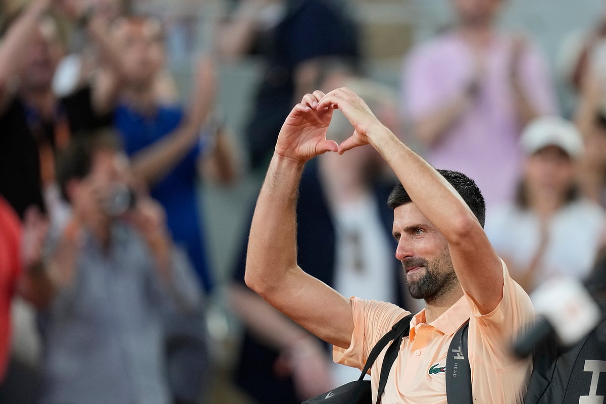 Novak Djokovic of Serbia reacts as he leaves the court after the third round men's singles tennis match against Joao Fonseca of Brazil at the French Open tennis tournament in Paris, Friday, May 29, 2026.