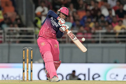 Rajasthan Royals' Vaibhav Sooryavanshi plays a shot during the Indian Premier League cricket match between Gujarat Titans and Rajasthan Royals in New Chandigarh, India.