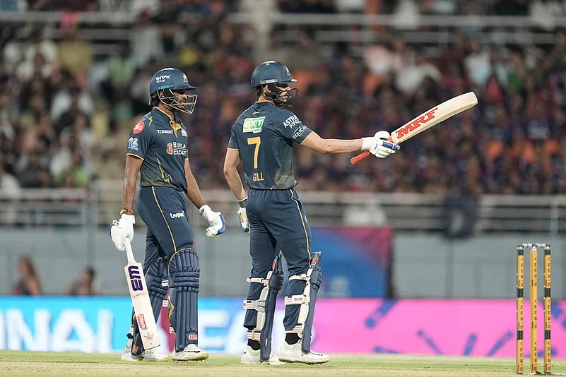 Gujarat Titans captain Shubman Gill celebrates his fifty runs