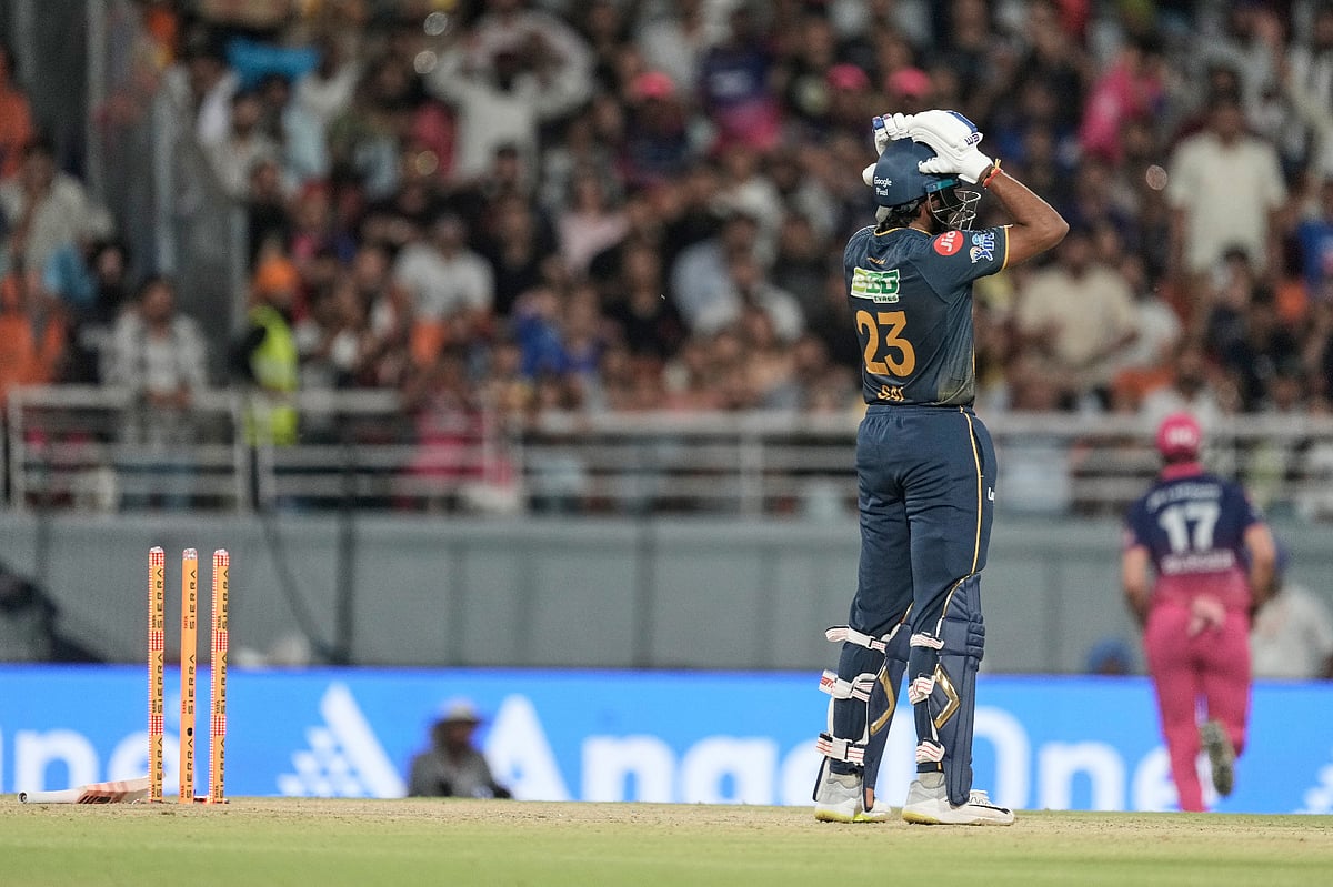 Gujarat Titans' Sai Sudharsan reacts after losing his wicket by dropping his bat on to his wickets during the Indian Premier League cricket match between Gujarat Titans and Rajasthan Royals in New Chandigarh, India, Friday, May 29, 2026.