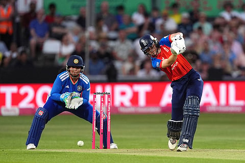 England's Amy Jones batting during the first Vitality IT20 cricket match between England and India in Chelmsford, England.