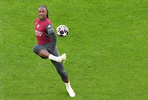 Arsenal's Eberechi Eze kicks the ball during a training session ahead of the Champions League final soccer match between Paris Saint-Germain and Arsenal in Budapest, Hungary.