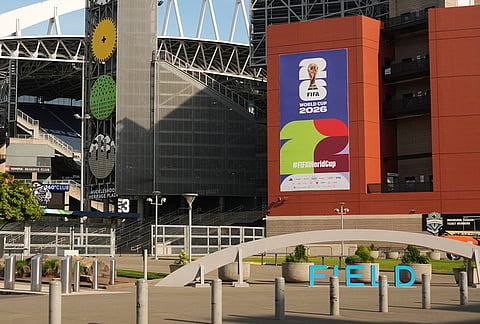 A Lumen Field sign is seen with "Lumen" removed, as preparations continue before the 2026 FIFA World Cup, in Seattle. 