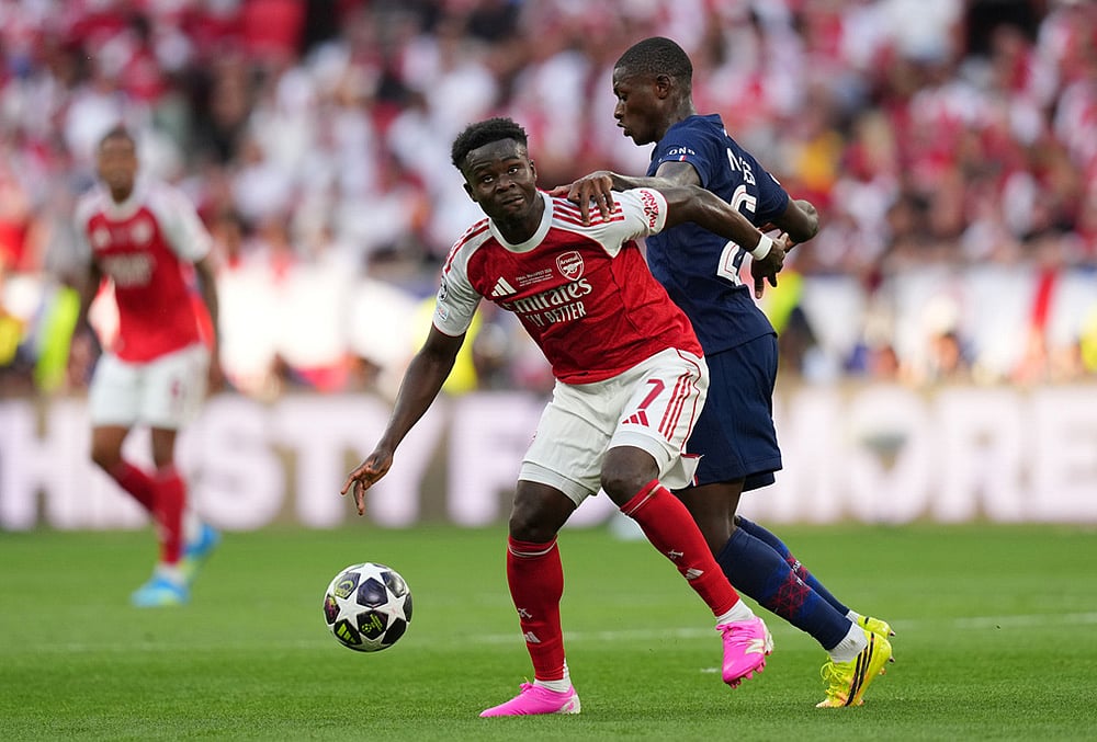 PSG vs Arsenal UEFA Champions League final Puskás Aréna photos-Bukayo Saka