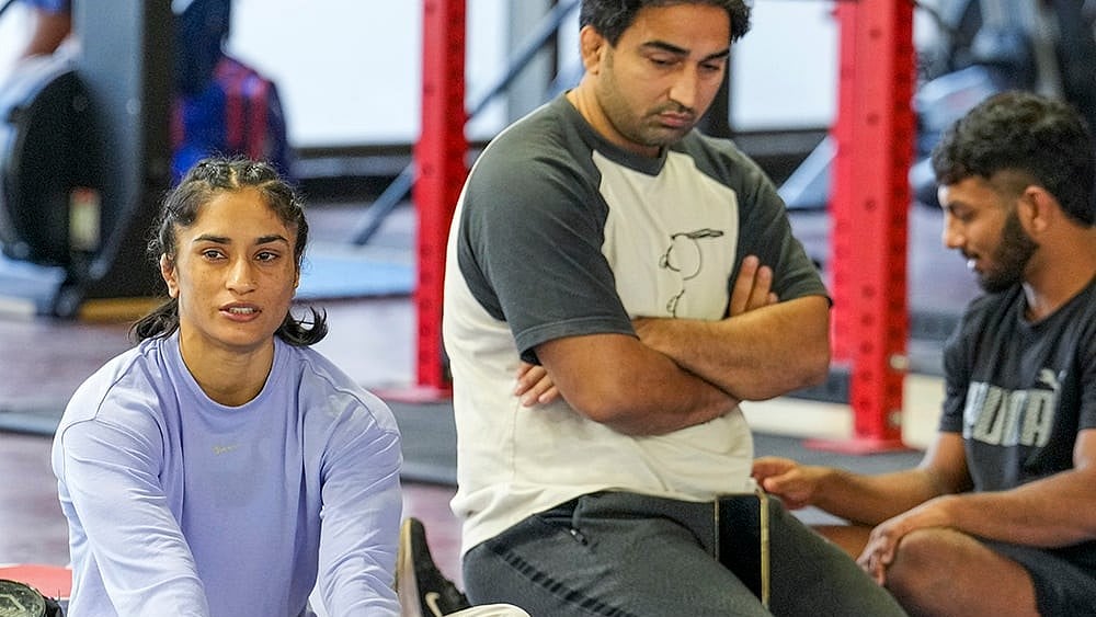 Wrestler Vinesh Phogat trains after the Wrestling Federation of India (WFI) allowed her to compete in the women’s 53kg category for the Asian Games selection trials, reversing its earlier decision that had restricted her participation to the 50kg division, at Indira Gandhi Arena, in New Delhi. - | Photo: PTI/Kamal Kishore