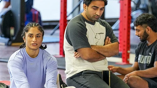 | Photo: PTI/Kamal Kishore : Wrestler Vinesh Phogat trains after the Wrestling Federation of India (WFI) allowed her to compete in the women’s 53kg category for the Asian Games selection trials, reversing its earlier decision that had restricted her participation to the 50kg division, at Indira Gandhi Arena, in New Delhi.