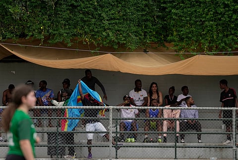 Congo supporters watch a women's semifinal during the Kypseli Mundial in Athens, Greece.