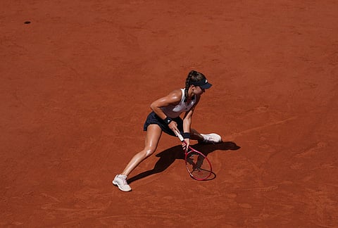 Iva Jovic of the U.S. plays against Naomi Osaka of Japan during their third round women's singles tennis match at the French Open tennis tournament in Paris.