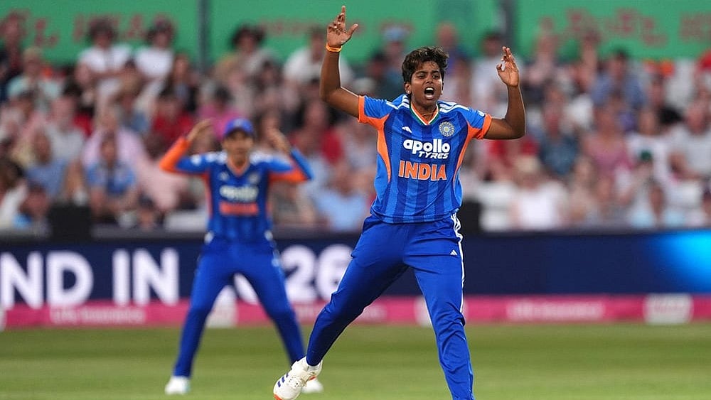 India's Arundhati Reddy reacts during the first Vitality IT20 cricket match between England and India in Chelmsford, England. - Photo: Ben Whitley/PA via AP