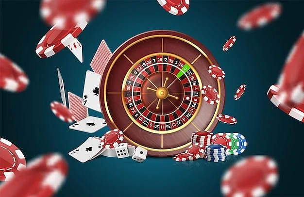 Roulette wheel surrounded by flying cards and chips