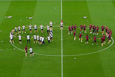 Players of Arsenal train a day ahead of the Champions League final soccer match between Paris Saint-Germain and Arsenal in Budapest, Hungary.