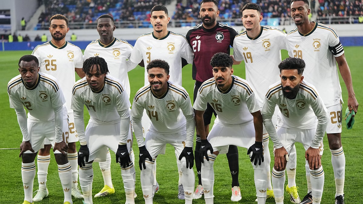 Saudi Arabia players pose for a team photo before the international friendly soccer match between Serbia and Saudi Arabia in Backa Topola, Serbia, Tuesday. - AP Photo