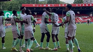 Nigeria footballers celebrate  Alhassan Yusuf's goal against Jamaica in Unity Cup 2026 final.  - NGSuperEagles/X